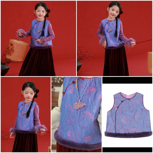 新年童裝 龍吟紫唐裝背心 80-150cm 女童款 新年中式華服唐裝 新春馬年 2026年 AAA