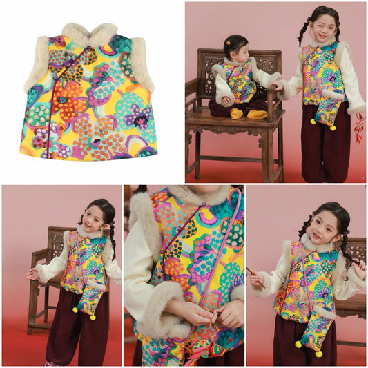 新年童裝 夾柿唐裝背心 80-150cm 女童款 新年中式華服唐裝 新春馬年 2026年 AAA