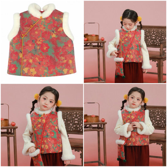 新年童裝 夾柿唐裝背心 80-150cm 女童款 新年中式華服唐裝 新春馬年 2026年 AAA
