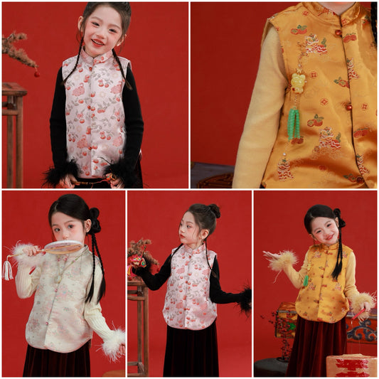 新年童裝 喜獅好事迎春背心 80-160cm 女童款 新年中式華服唐裝 新春馬年 2026年 AAA