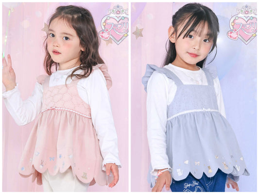 日本童裝  SLAP SLIP【スラプリ】荷葉袖口長袖上衣+刺繡吊帶套裝 90-130cm 女童款 秋季 TOPS