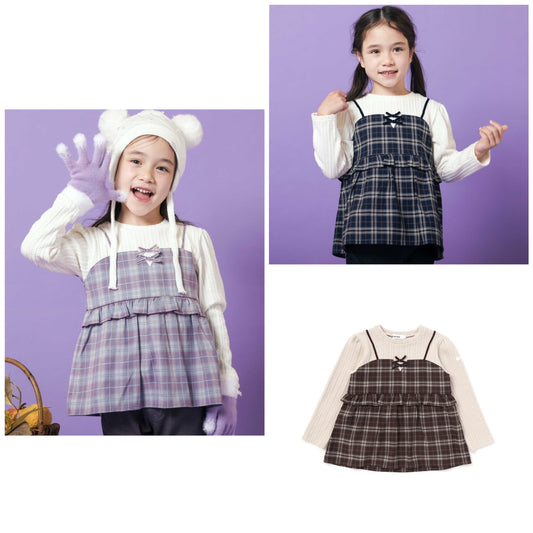 日本童裝  SLAP SLIP 假兩件格紋針織上衣 80-130cm 女童款 冬季 TOPS