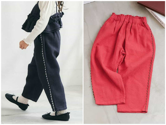 日本童裝 apres les cours 華夫格紋長褲 90-140cm 女童款 秋季 PANTS 聖誕紅/新年紅