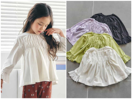 日本童裝 apres les cours 蕾絲袖皺褶上衣 80-140cm 女童款 秋季 TOPS