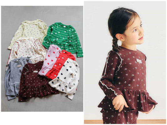 日本童裝 apres les cours 華夫格荷葉邊上衣 80-140cm 女童款 初生嬰兒 秋季 TOPS  聖誕紅/新年紅
