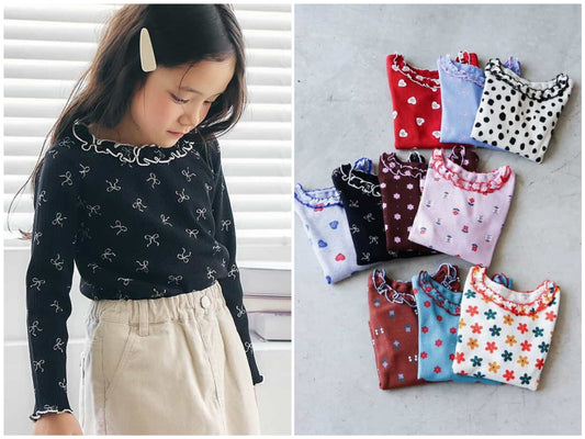日本童裝 apres les cours 華夫格紋荷葉邊領上衣 80-140cm 女童款 秋季 TOPS 聖誕紅/新年紅