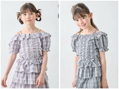 日本童裝 aF#a325 雙向格紋吊帶襯衫 110-160cm 女童款 夏季 TOPS
