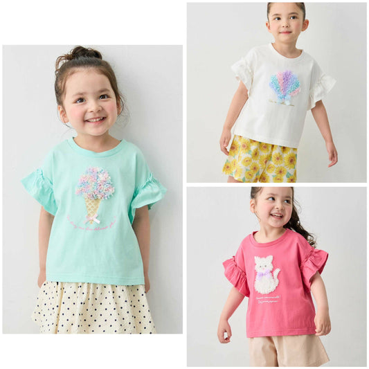 日本童裝 aF#a325 接觸冷感 毛毛印花上衣 90-150cm 女童款 夏季 TOPS