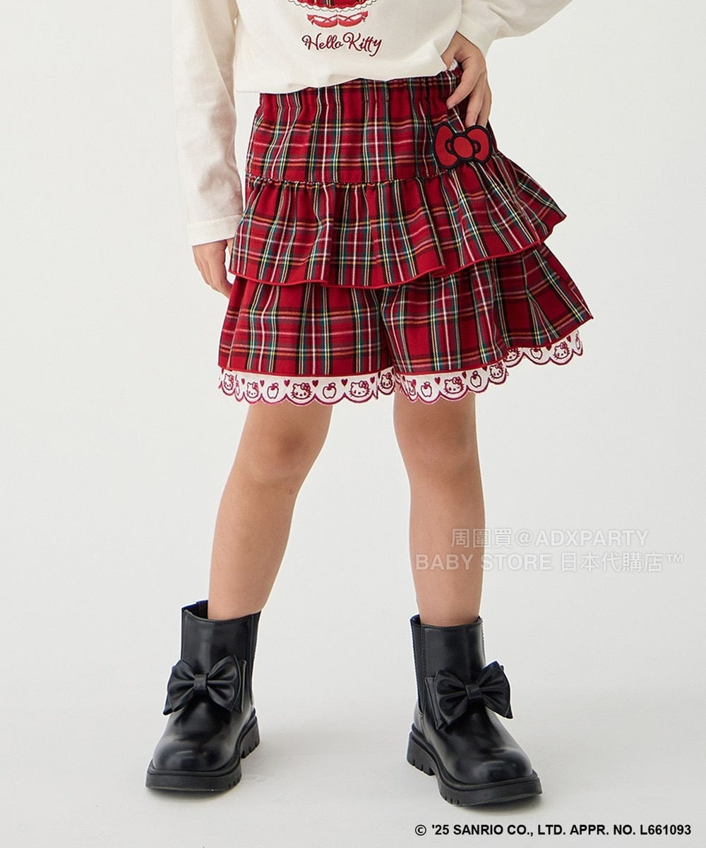 日本童裝 aF#a325 x sanrio Hello Kitty 格仔層層疊裙褲 110-150cm 女童款 秋季 PANTS 聖誕紅/新年紅 