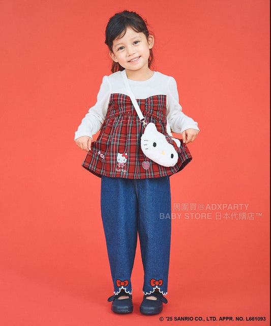 日本童裝 aF#a325 x sanrio Hello Kitty 假兩件格仔上衣 110-150cm 女童款 秋季 TOPS 聖誕紅/新年紅 