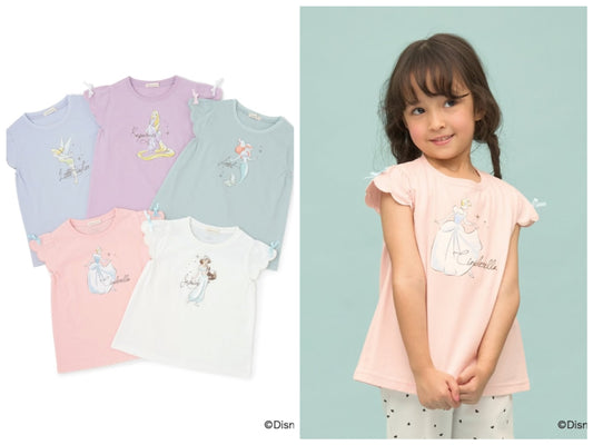 日本童裝 Ly# mine x Disney 防UV 吸水速乾 【棉100％不易變形】扇形袖印花上衣 90-140cm 女童款 夏季 TOPS