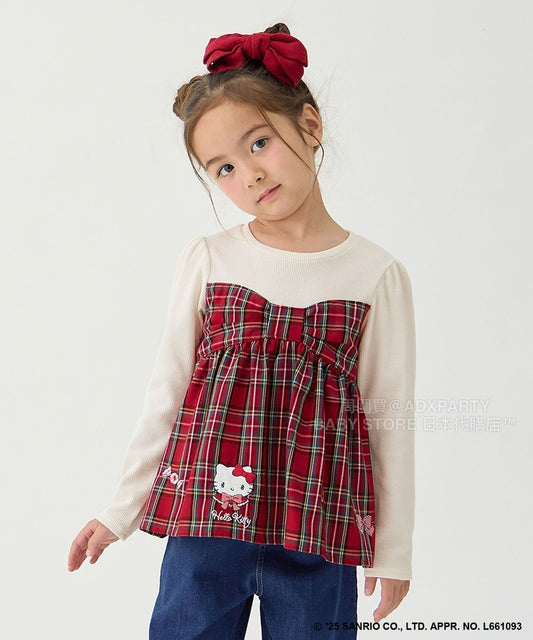 日本童裝 aF#a325 x sanrio Hello Kitty 假兩件格仔上衣 110-150cm 女童款 秋季 TOPS 聖誕紅/新年紅 