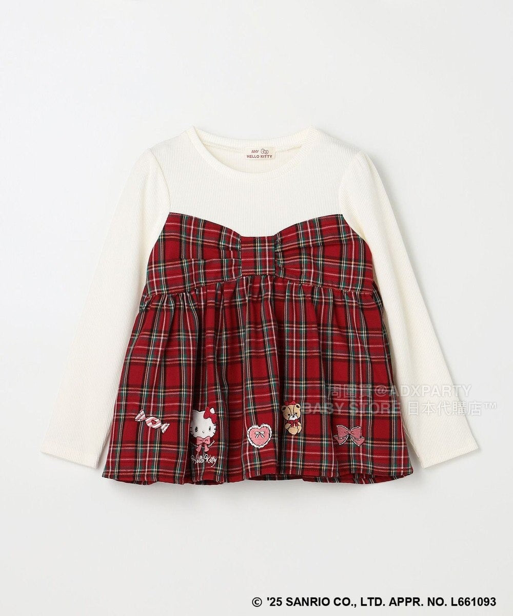 日本童裝 aF#a325 x sanrio Hello Kitty 假兩件格仔上衣 110-150cm 女童款 秋季 TOPS 聖誕紅/新年紅 