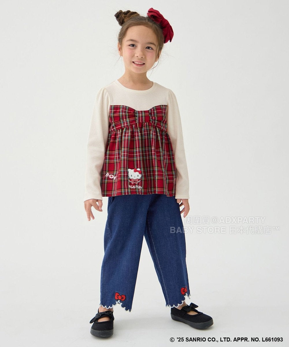 日本童裝 aF#a325 x sanrio Hello Kitty 假兩件格仔上衣 110-150cm 女童款 秋季 TOPS 聖誕紅/新年紅 