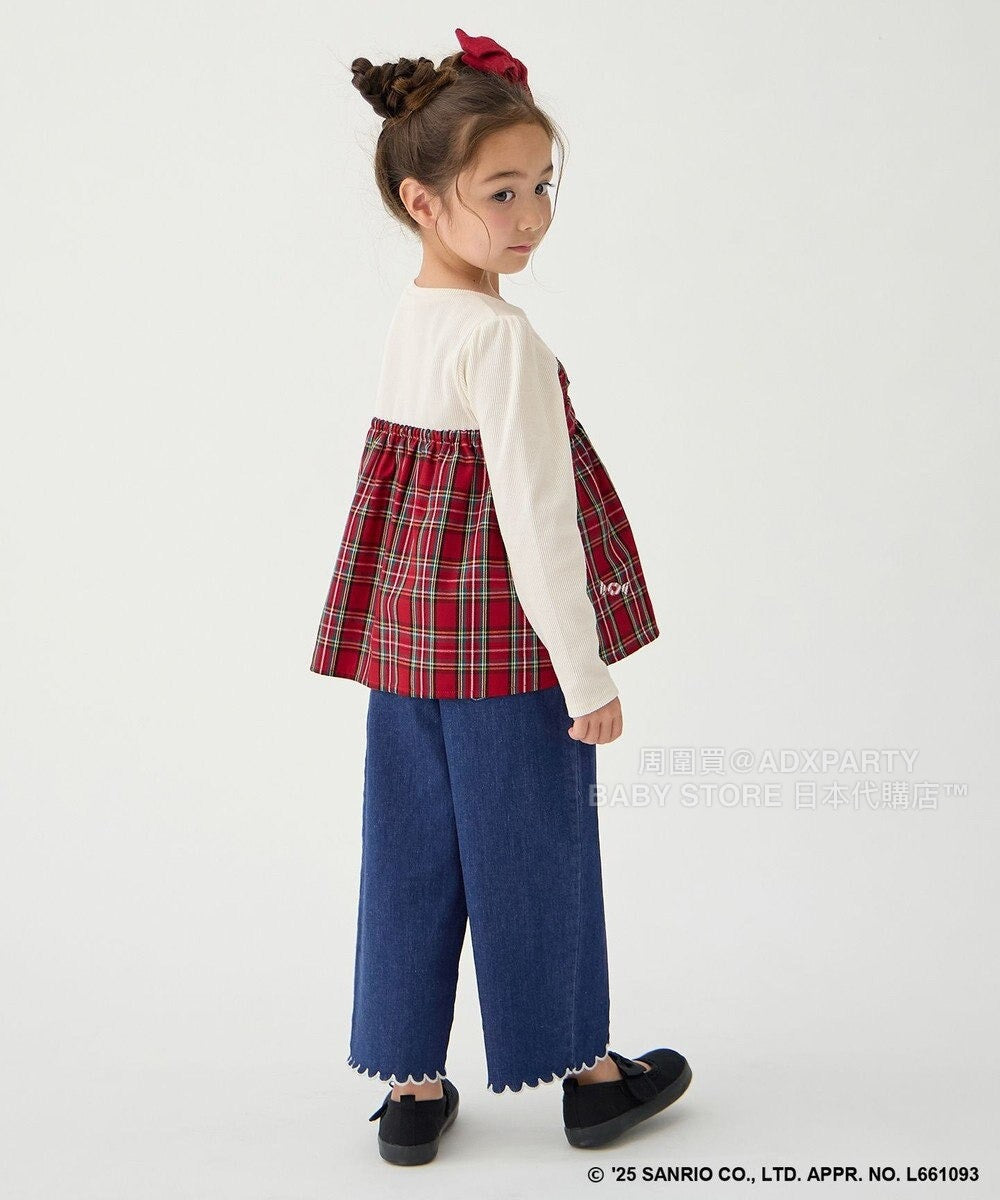 日本童裝 aF#a325 x sanrio Hello Kitty 假兩件格仔上衣 110-150cm 女童款 秋季 TOPS 聖誕紅/新年紅 