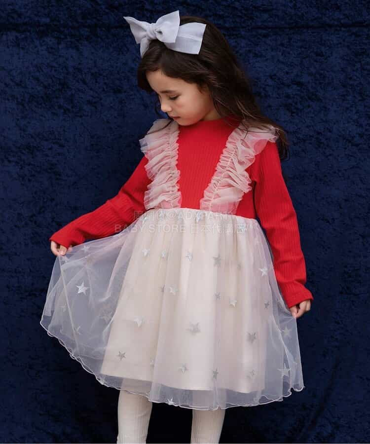 日本童裝 BREEZE 假兩件閃亮網紗連身裙 80-140cm 女童款 冬季 DRESSES 聖誕紅/新年紅