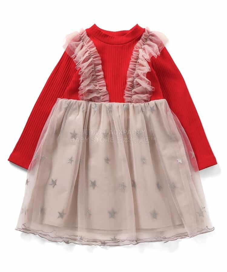 日本童裝 BREEZE 假兩件閃亮網紗連身裙 80-140cm 女童款 冬季 DRESSES 聖誕紅/新年紅