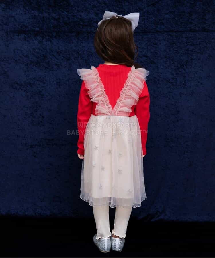 日本童裝 BREEZE 假兩件閃亮網紗連身裙 80-140cm 女童款 冬季 DRESSES 聖誕紅/新年紅