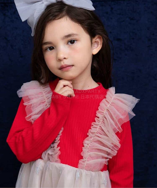 日本童裝 BREEZE 假兩件閃亮網紗連身裙 80-140cm 女童款 冬季 DRESSES 聖誕紅/新年紅