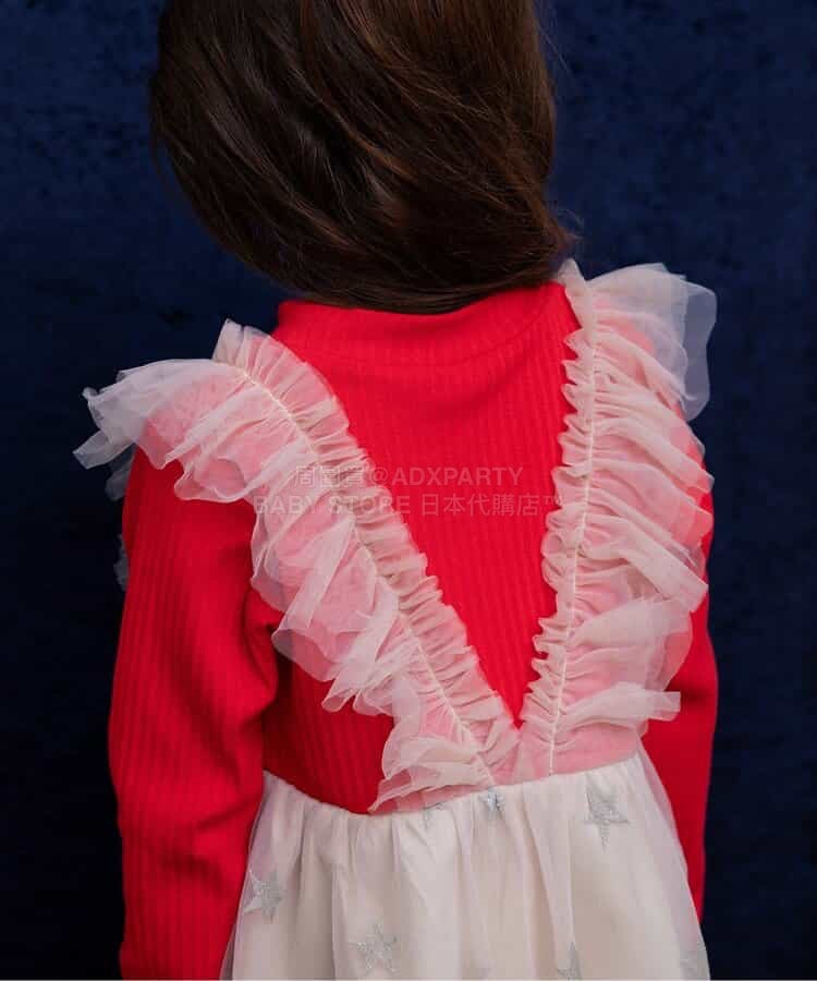 日本童裝 BREEZE 假兩件閃亮網紗連身裙 80-140cm 女童款 冬季 DRESSES 聖誕紅/新年紅