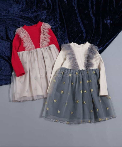 日本童裝 BREEZE 假兩件閃亮網紗連身裙 80-140cm 女童款 冬季 DRESSES 聖誕紅/新年紅