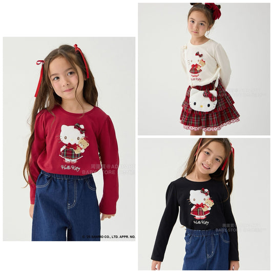 日本童裝 aF#a325 x sanrio Hello Kitty 印花長袖上衣 110-150cm 女童款 秋季 TOPS 聖誕紅/新年紅