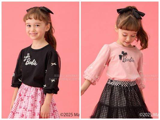 日本童裝 aF#a325 x Barbie 七分紗袖蝴蝶結上衣 110-150cm 女童款 秋季 TOPS