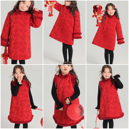 新年童裝 浮雕花夾棉系列 100-170cm 女童款 新年中式華服唐裝 新春馬年 2026年 AAA