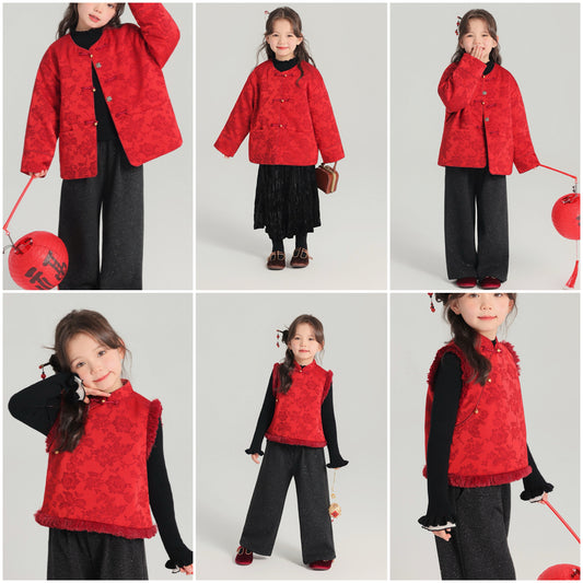 新年童裝 浮雕花夾棉系列 100-170cm 女童款 新年中式華服唐裝 新春馬年 2026年 AAA