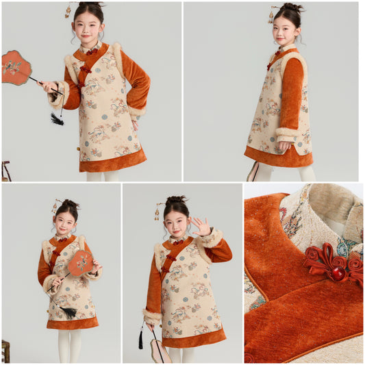 新年童裝 神鹿飛躍刺繡夾棉連身裙 110-160cm 女童款 新年中式華服唐裝 新春馬年 2026年