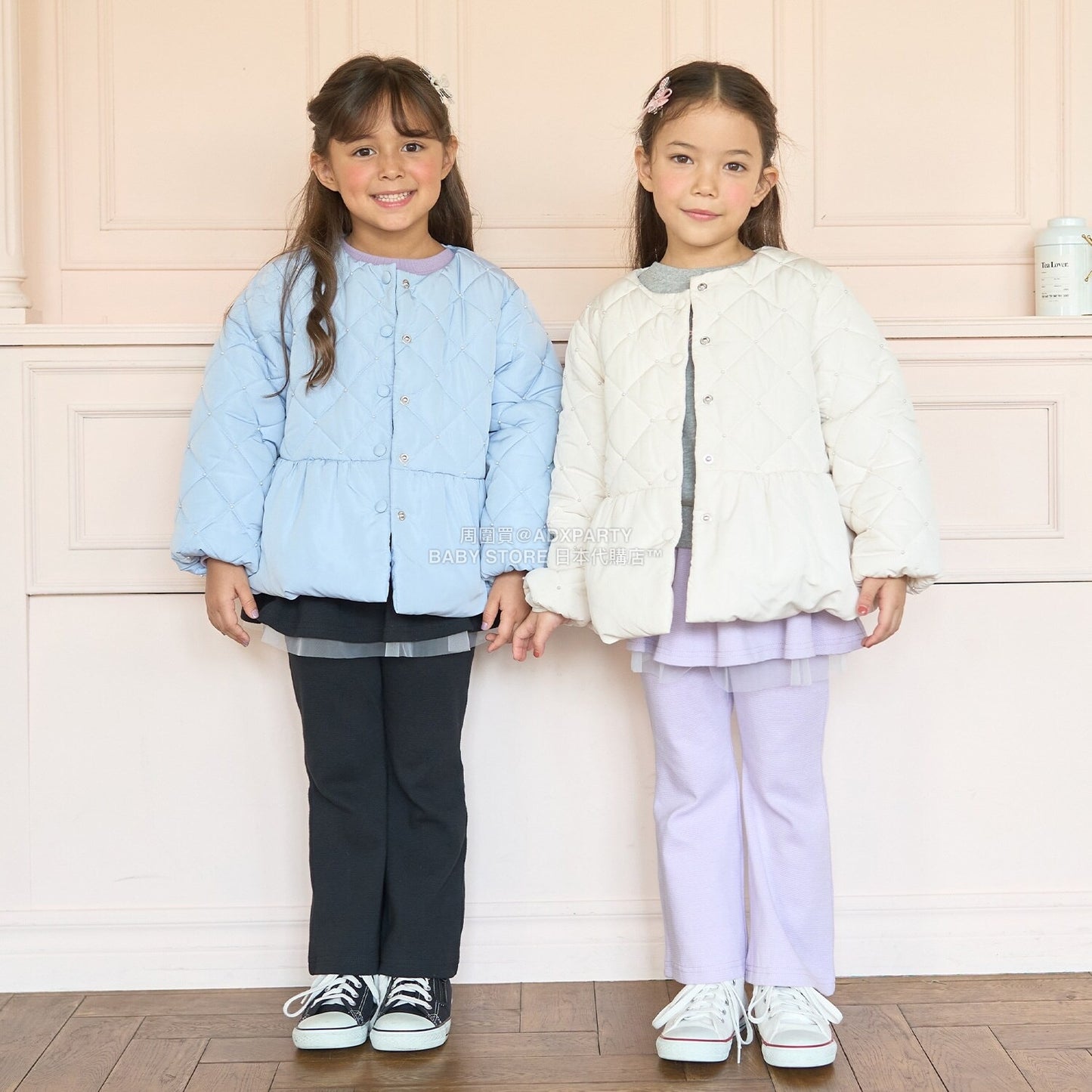 日本童裝 Ly# mine 珍珠絎縫荷葉邊收腰夾棉外套 100-150cm 女童款 冬季 (適合初秋、香港平均溫度）OUTERWEAR 
