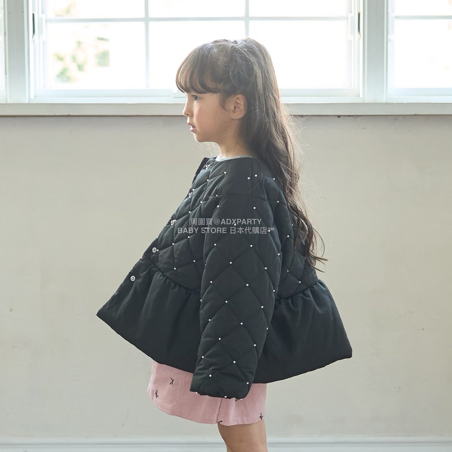 日本童裝 Ly# mine 珍珠絎縫荷葉邊收腰夾棉外套 100-150cm 女童款 冬季 (適合初秋、香港平均溫度）OUTERWEAR 