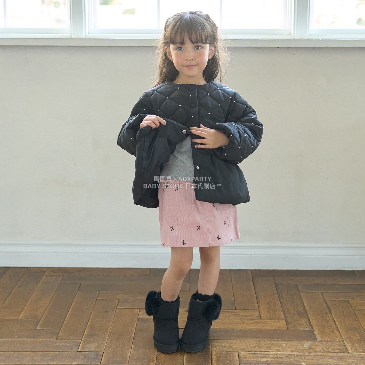 日本童裝 Ly# mine 珍珠絎縫荷葉邊收腰夾棉外套 100-150cm 女童款 冬季 (適合初秋、香港平均溫度）OUTERWEAR 