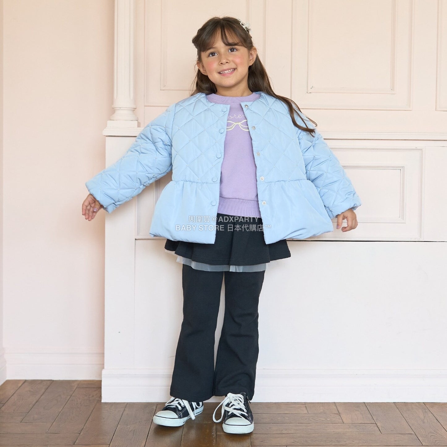 日本童裝 Ly# mine 珍珠絎縫荷葉邊收腰夾棉外套 100-150cm 女童款 冬季 (適合初秋、香港平均溫度）OUTERWEAR 