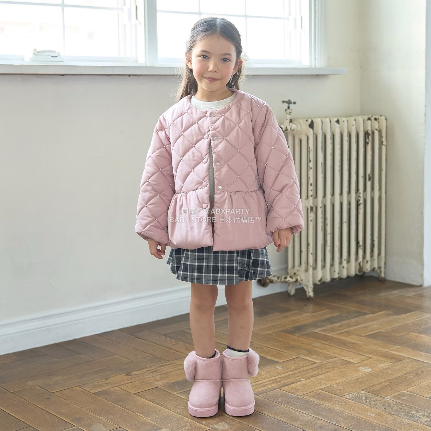 日本童裝 Ly# mine 珍珠絎縫荷葉邊收腰夾棉外套 100-150cm 女童款 冬季 (適合初秋、香港平均溫度）OUTERWEAR 