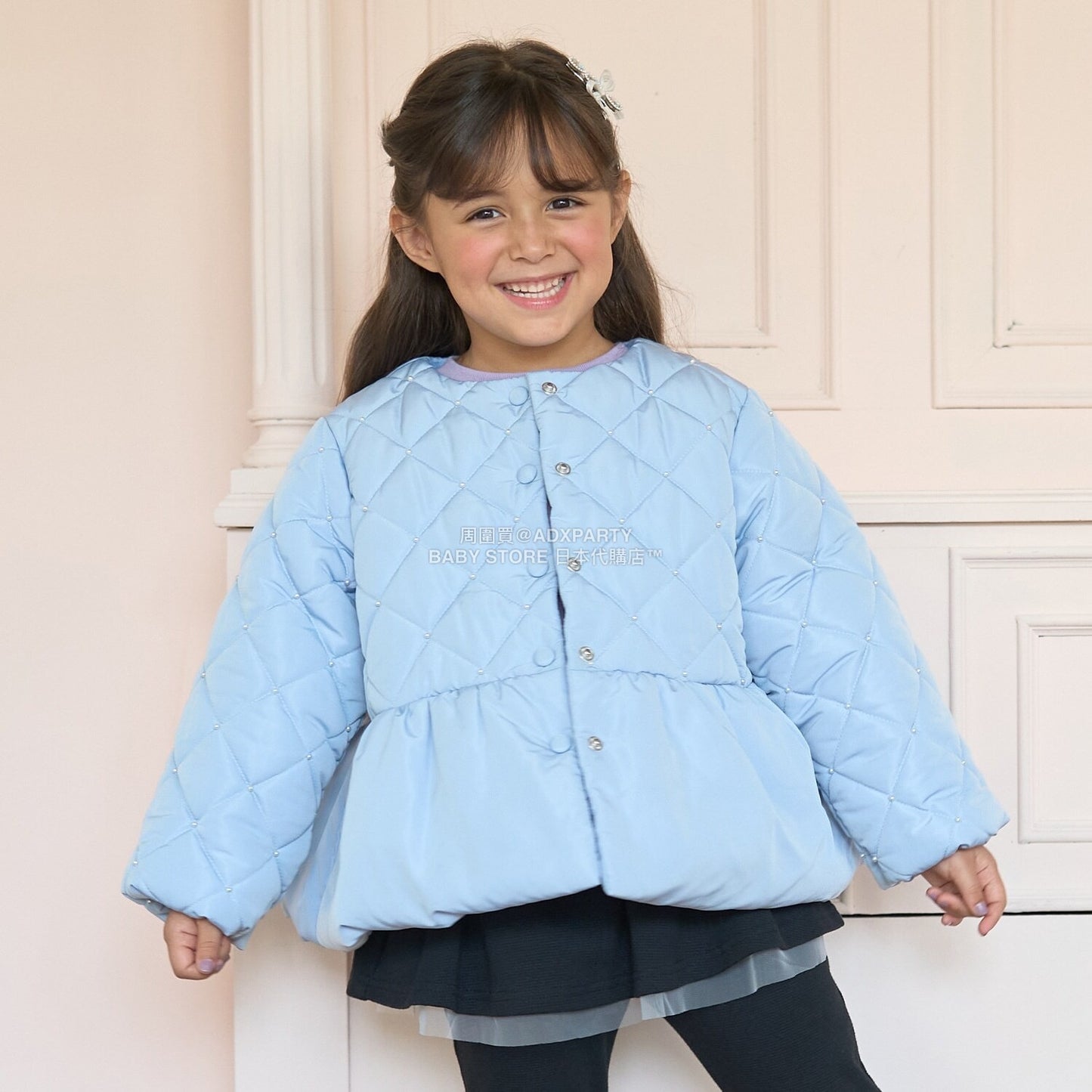 日本童裝 Ly# mine 珍珠絎縫荷葉邊收腰夾棉外套 100-150cm 女童款 冬季 (適合初秋、香港平均溫度）OUTERWEAR 