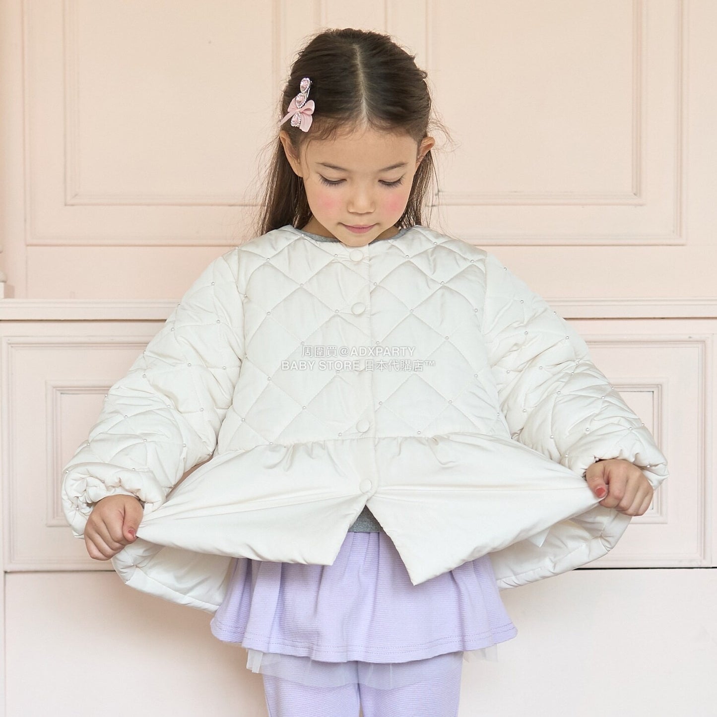 日本童裝 Ly# mine 珍珠絎縫荷葉邊收腰夾棉外套 100-150cm 女童款 冬季 (適合初秋、香港平均溫度）OUTERWEAR 