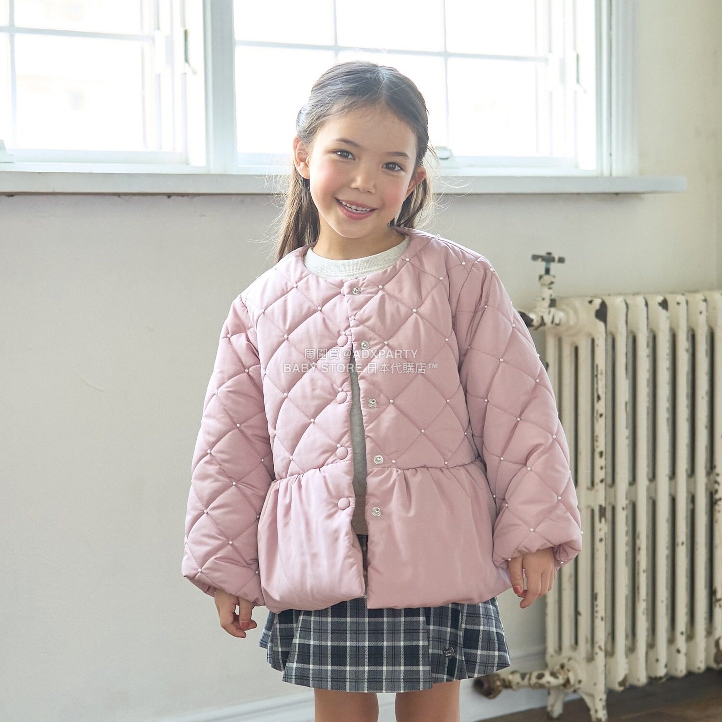 日本童裝 Ly# mine 珍珠絎縫荷葉邊收腰夾棉外套 100-150cm 女童款 冬季 (適合初秋、香港平均溫度）OUTERWEAR 