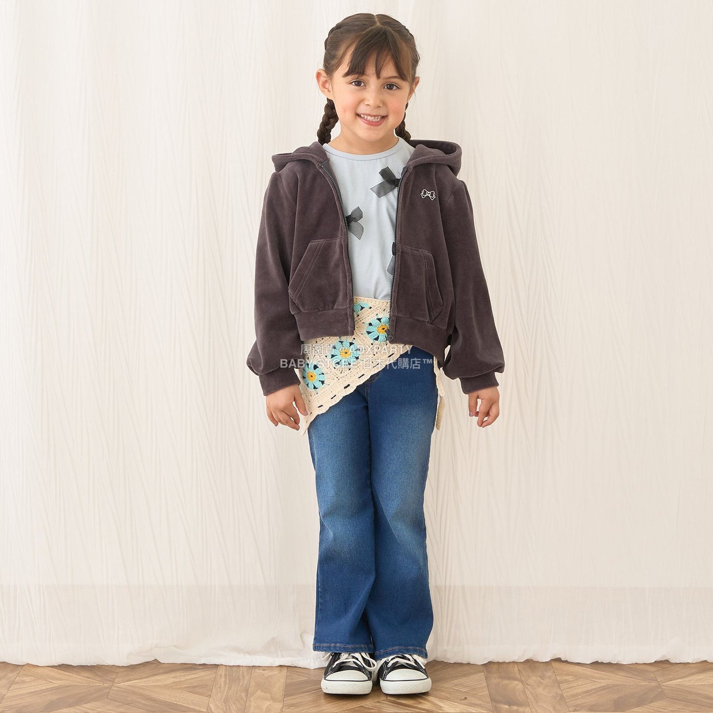 日本童裝 Ly# mine 天鵝絨皺褶拉鍊連帽外套 100-150cm 女童款 冬季 OUTERWEAR