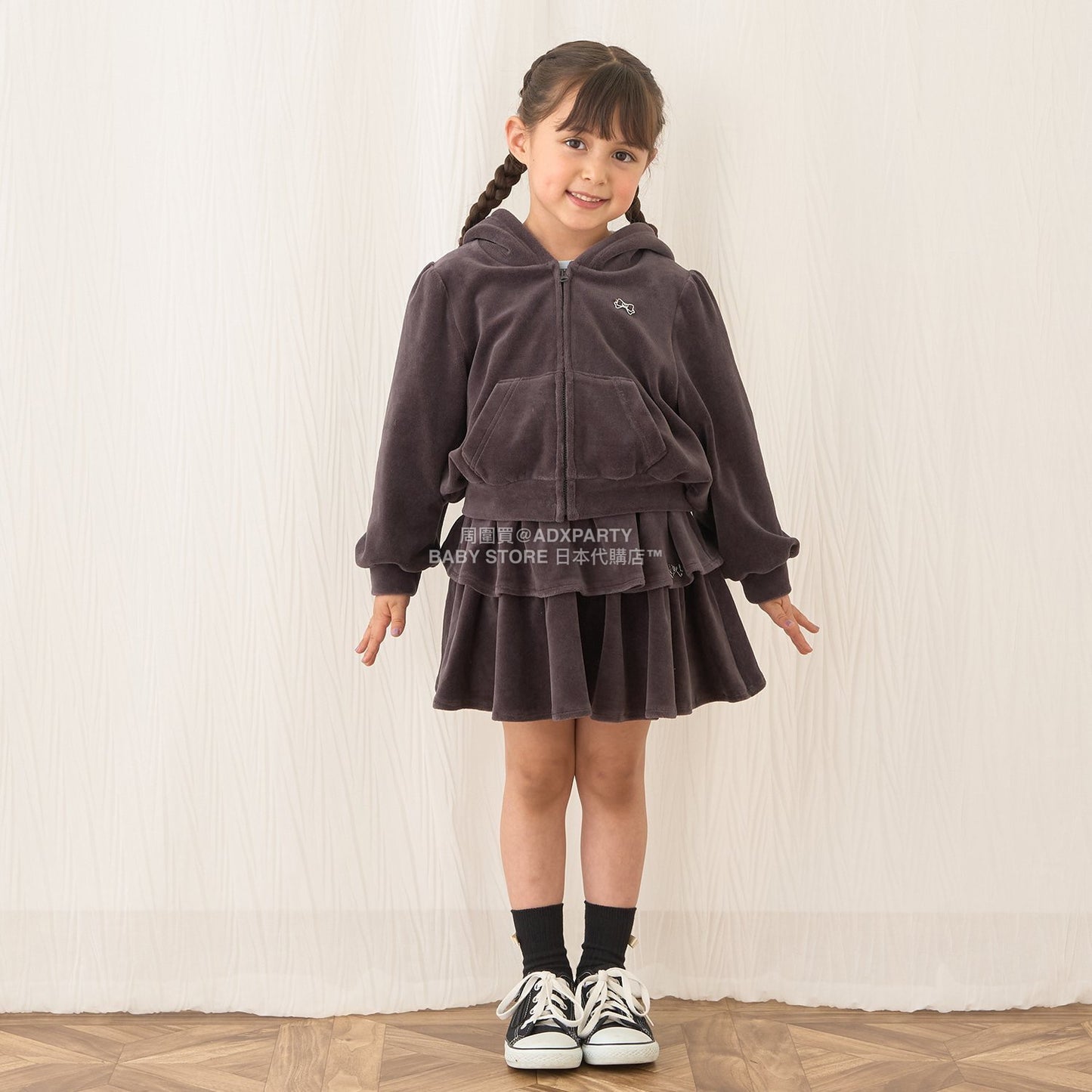 日本童裝 Ly# mine 天鵝絨皺褶拉鍊連帽外套 100-150cm 女童款 冬季 OUTERWEAR