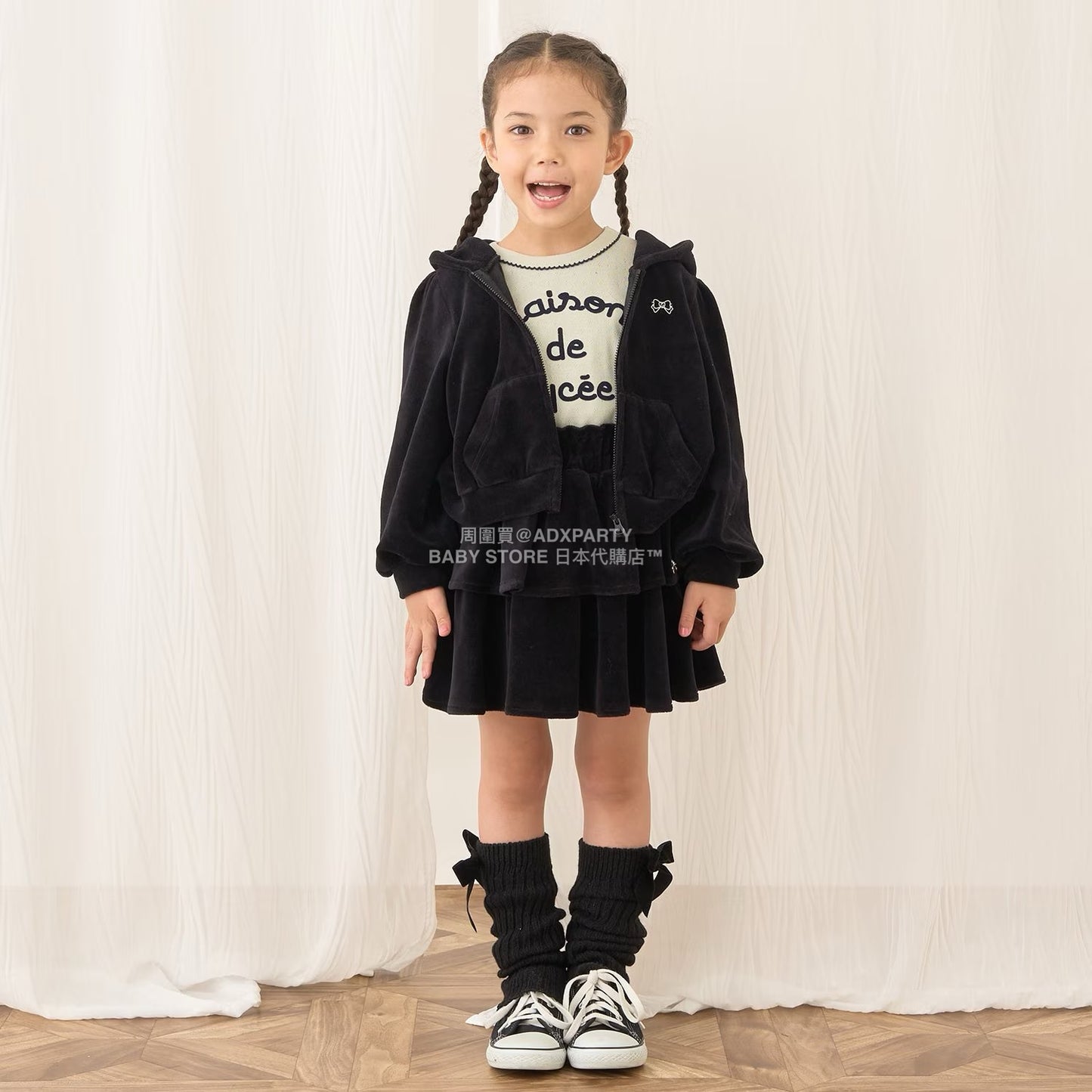 日本童裝 Ly# mine 天鵝絨皺褶拉鍊連帽外套 100-150cm 女童款 冬季 OUTERWEAR
