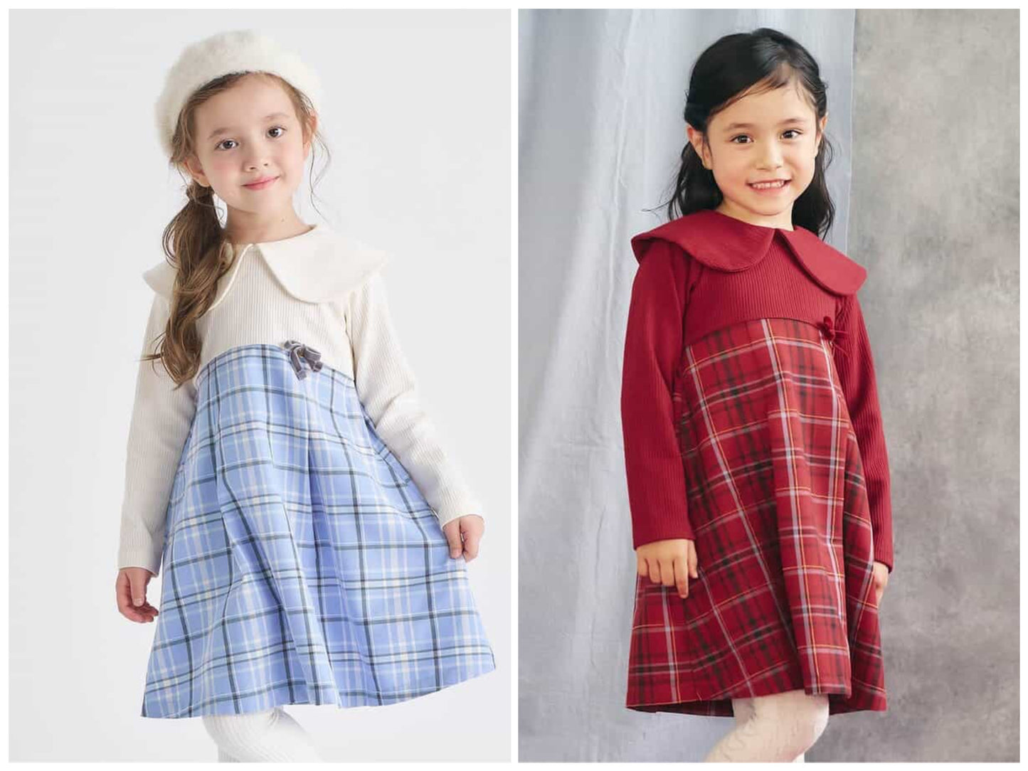 日本童裝 apres les cours 披肩格紋連身裙 80-140cm 女童款 冬季 DRESSES 聖誕紅/新年紅