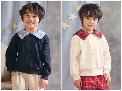 日本童裝 apres les cours 格仔水手領上衣 80-130cm 男童款 冬季 Tops 聖誕紅/新年紅