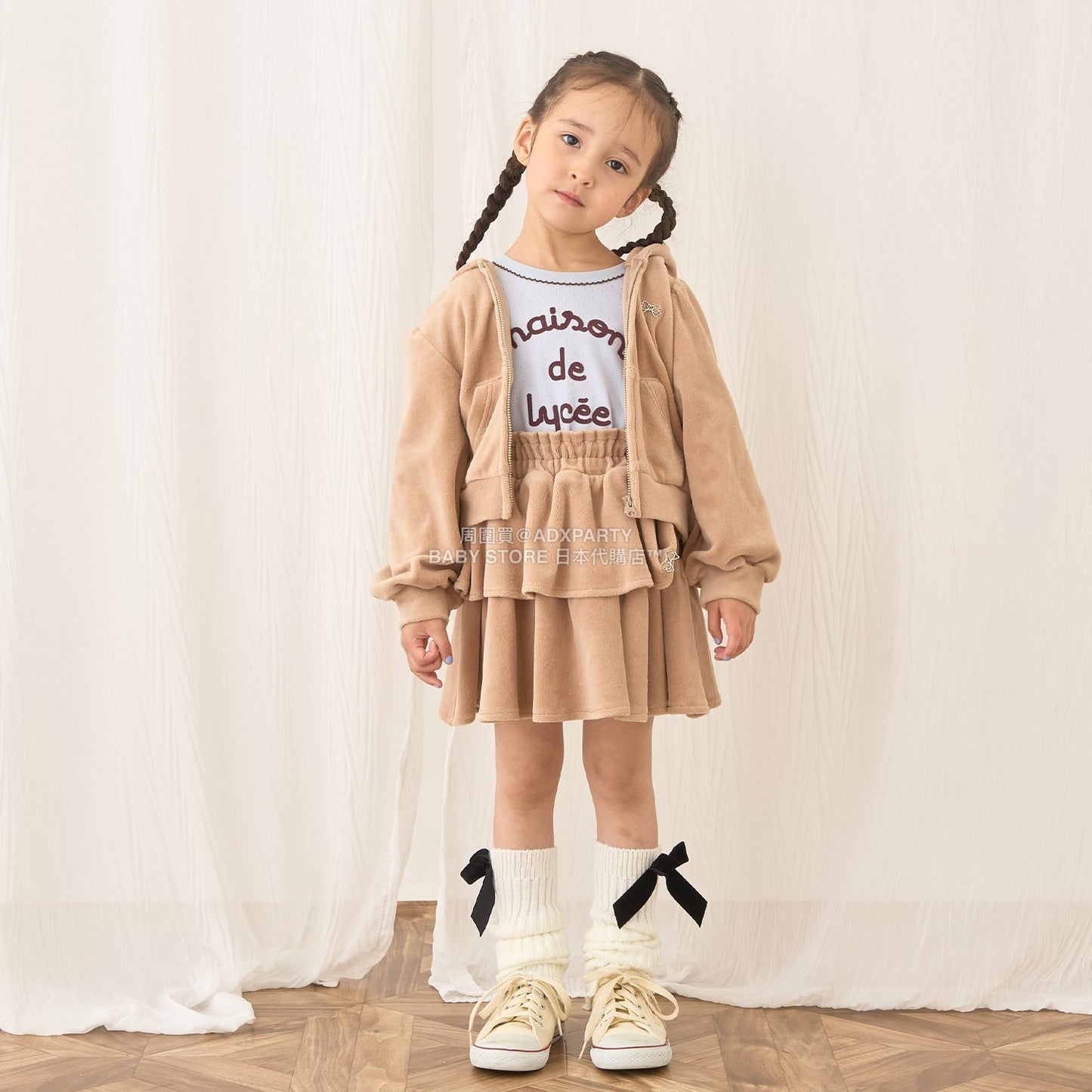 日本童裝 Ly# mine 天鵝絨皺褶拉鍊連帽外套 100-150cm 女童款 冬季 OUTERWEAR