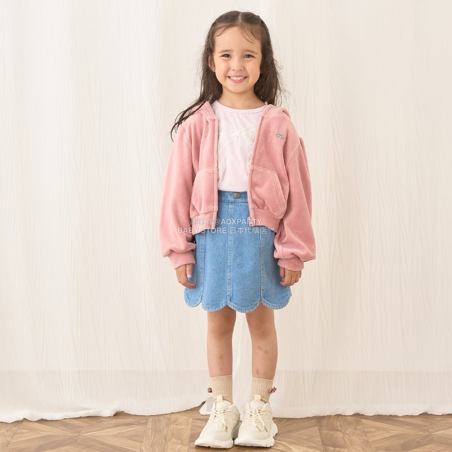 日本童裝 Ly# mine 天鵝絨皺褶拉鍊連帽外套 100-150cm 女童款 冬季 OUTERWEAR