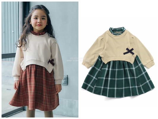 日本童裝 SERAPH 暖色拼接格紋連身裙 80-140cm 女童款 秋季 DRESSES