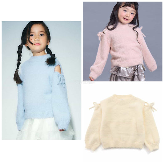 日本童裝 SERAPH 蓬鬆露肩絲帶毛絨針織上衣 80-140cm 女童款 秋季 TOPS