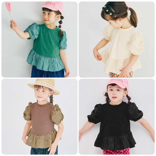 Japanese children's clothing p.prem#r ruffled puff sleeve ruffled top 80-140cm girls summer TOPS 