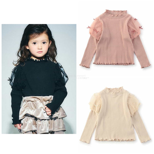 日本童裝 SERAPH 蝴蝶結紗袖上衣 80-140cm 女童款 秋季 TOPS
