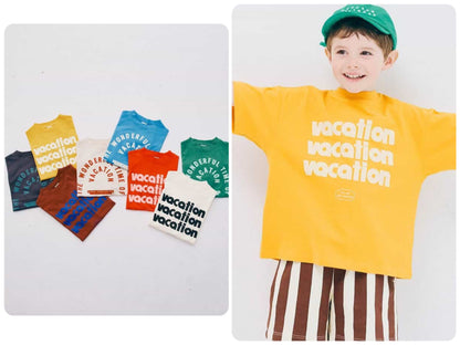 Japanese children's clothing p.prem#r letter print short-sleeved top 80-140cm boys/girls summer TOPS 